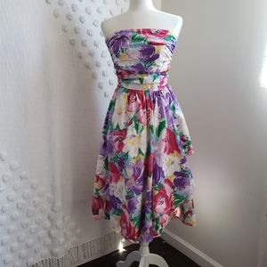 80's Vintage Purple and Pink Floral Strapless Dress